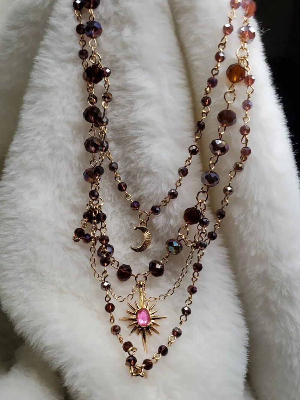 Fashion Jewelry Gold-Tone Layered Necklace with Brown Beads and Pink Star Accent
